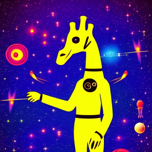 Prompt: A serious-looking giraffe wearing a space-suit, the background is inspired by two colliding galaxies, e-sports logo vector