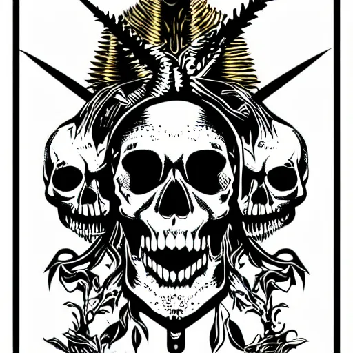 Image similar to dark death metal themed vector illustration for a record label, trees. forest, spikes, skull, microphone, skull, award winning, grunge, iconic, golden ratio