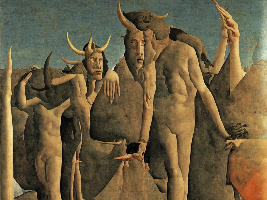 Image similar to The sun-toucher. Devil with horns hides in a dark spot. Painting by Piero della Francesca, Balthus