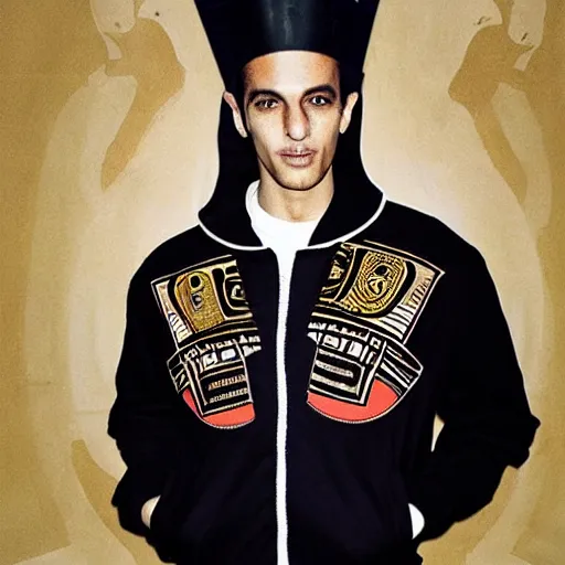 Image similar to A pharaoh wearing a varsity jacket, portrait, by Mario Testino, Stephane Sednaoui, Dario Argento