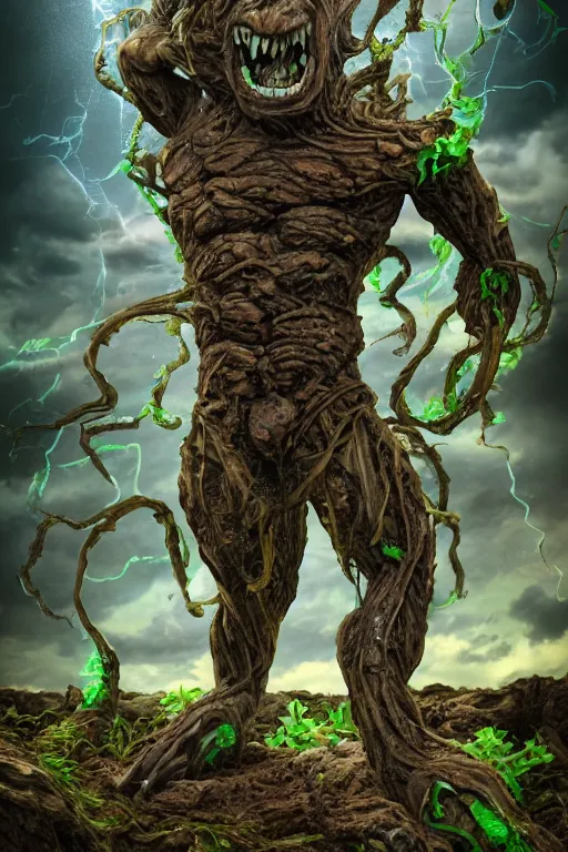 Image similar to high resolution photo of a muscular fighting sand creature, slime, tree roots, dark clouds, foliage, veins, lightning, big muscles, sweat, slime, troll, fishlike, gills, dragonlike, grown together, overgrown, electronic wires, god rays, dark, skin, plastic wrap,