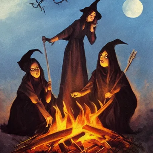 Image similar to witches around a fire, historical image, highly detailed, spooky, halloween, trending on artstation