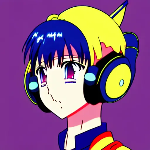 Image similar to An anime character's head wearing retro headphones. 90s anime, Sailor Moon, Neon Genesis, official art, flat cell shading, fantastic screenshot art, trending on artstation, muted nostalgic colors