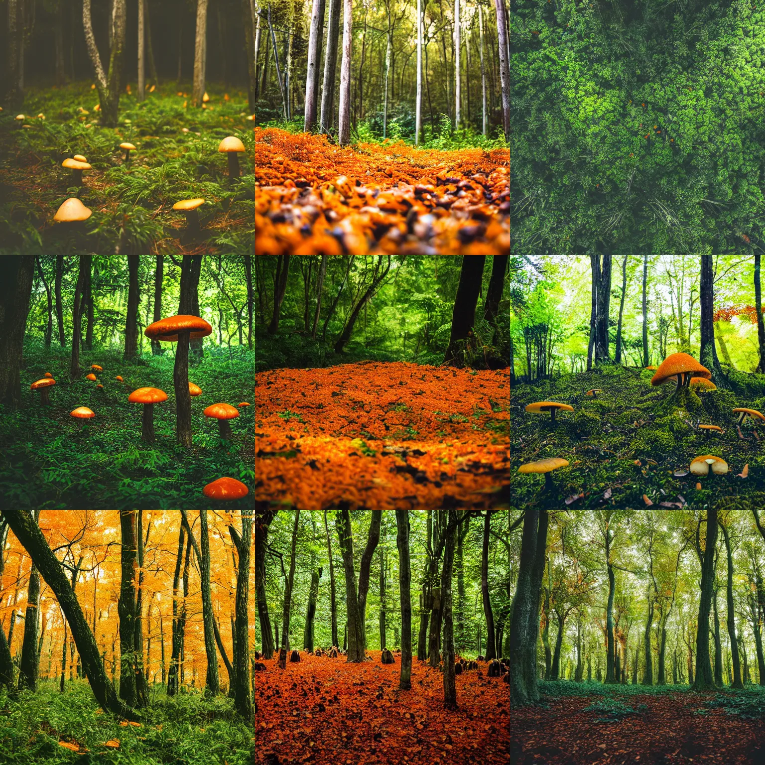 Prompt: a photography of a dark green forest full of orange mushrooms