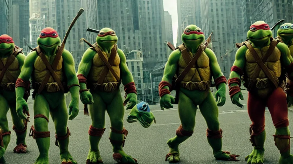 Image similar to Teenage mutant ninja turtles, film still from the movie directed by Denis Villeneuve with art direction by Salvador Dalí, wide lens