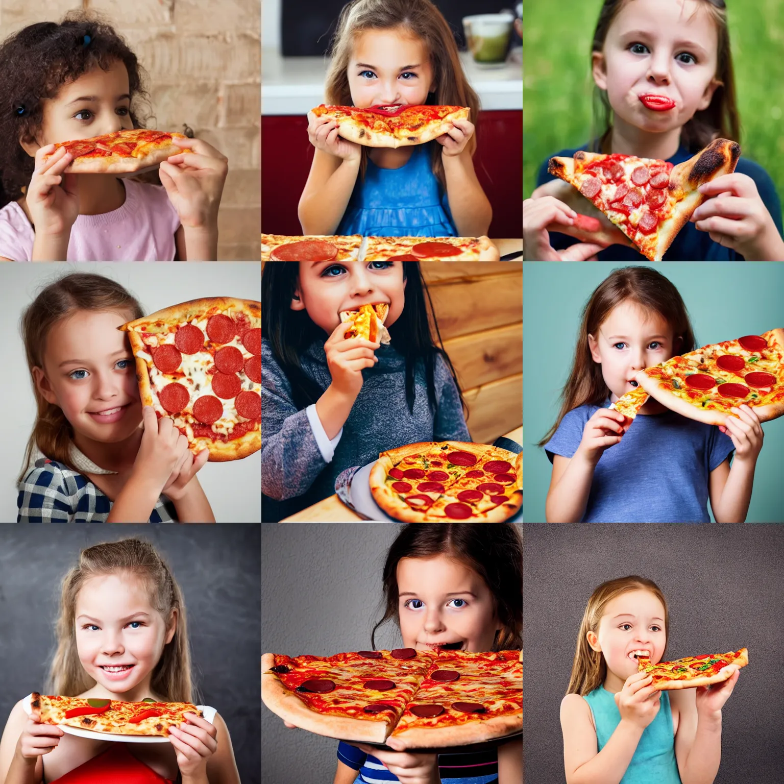 Prompt: a young girl eating a very tasty looking slice of pizza, professional photo