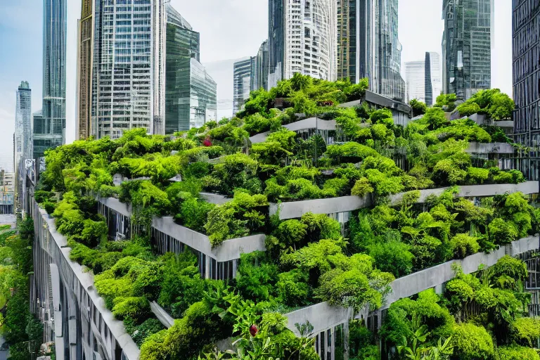 Prompt: a medium wide shot of a utopian city walkway on top of buildings, green plants