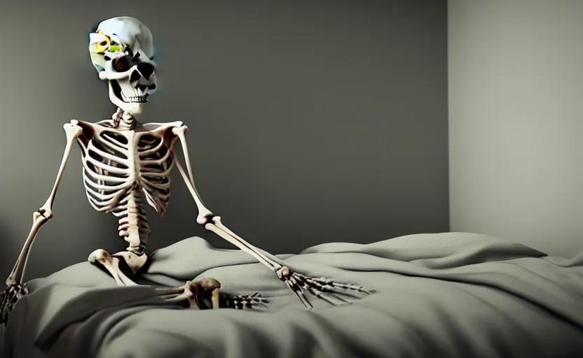 Image similar to matte oil painting of a skeleton dressed in pajamas inside of a comfy bedroom, extremely detailed, sleepy, cozy, 4 k, 8 k,