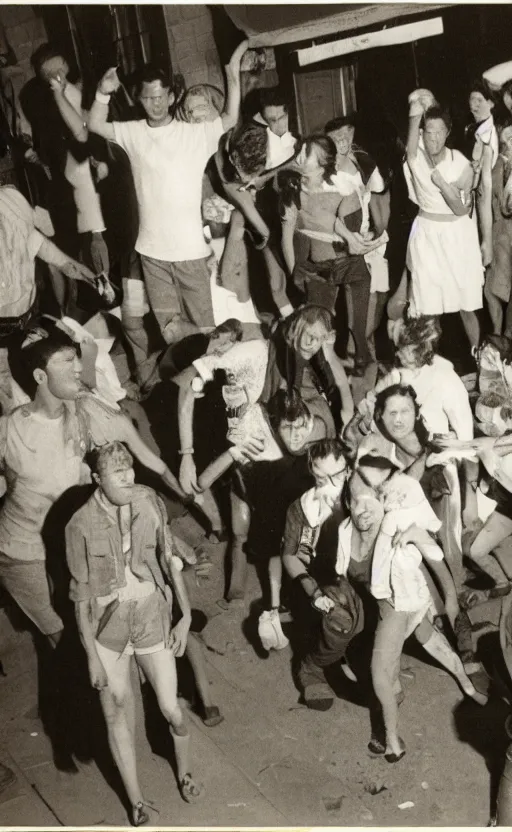 Image similar to patients partying outside the dance club during a war, highly detailed, teenage movie