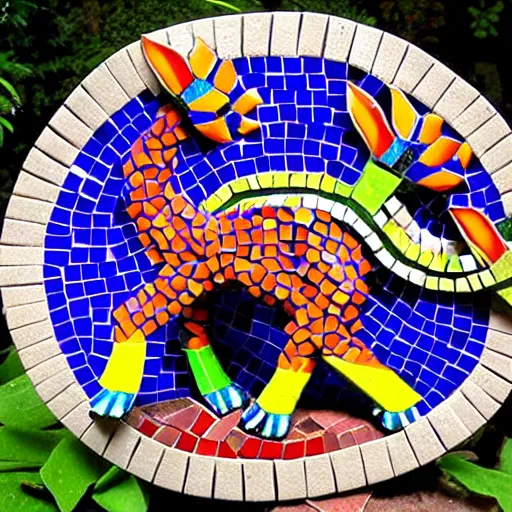 Image similar to mosaic sculpture of a alebrije chimera!!!, irregularly shaped mosaic tiles, hand glazed pottery shards, in the style of folk art, in a cottagecore flower garden