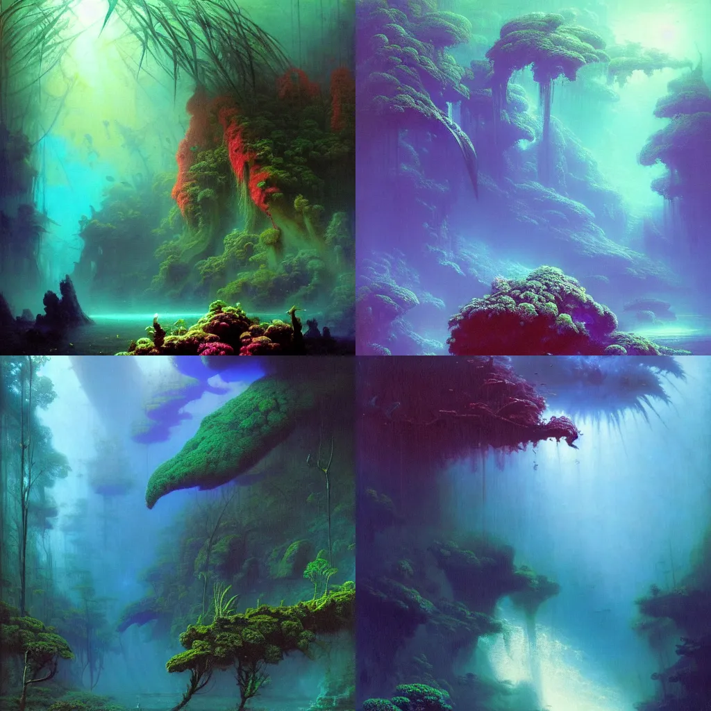 Prompt: An epic tropical lush underwater forest, by Wayne Barlowe, by Ivan Aivazovsky, by Bruce Pennington, by Paul Lehr, masterpiece, oil on canvas, trending on artstation, top on pixiv, cinematic composition, dramatic scene, beautiful aesthetic lighting, artgem, concept art, sharp, high details, hyper-detailed, astrophotography, no frames, 8K