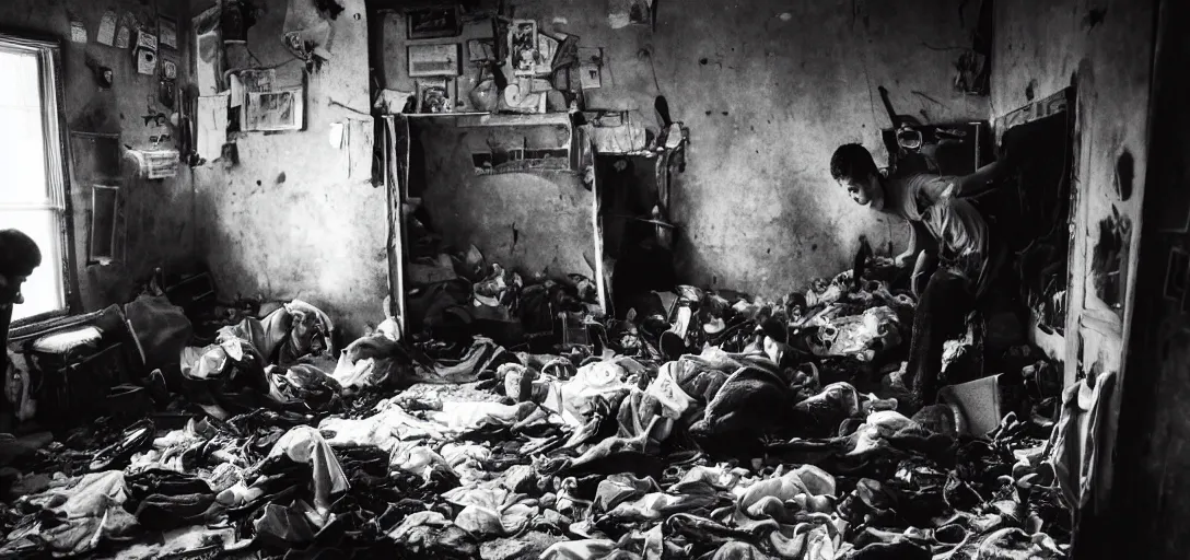 Image similar to a teenage boy at his back entering in a hoarder's room, dark atmosphere