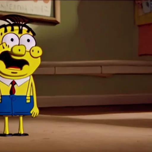 Image similar to mr. bean as spongebob. movie still. cinematic lighting.