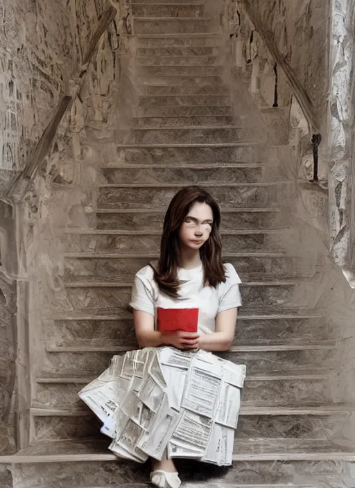 Image similar to a portrait of a beautiful young woman paper mache wrapped and made of newspaper, sitting relax and happy, marble stairs on the the backgroundhyper realistic, 8 k,