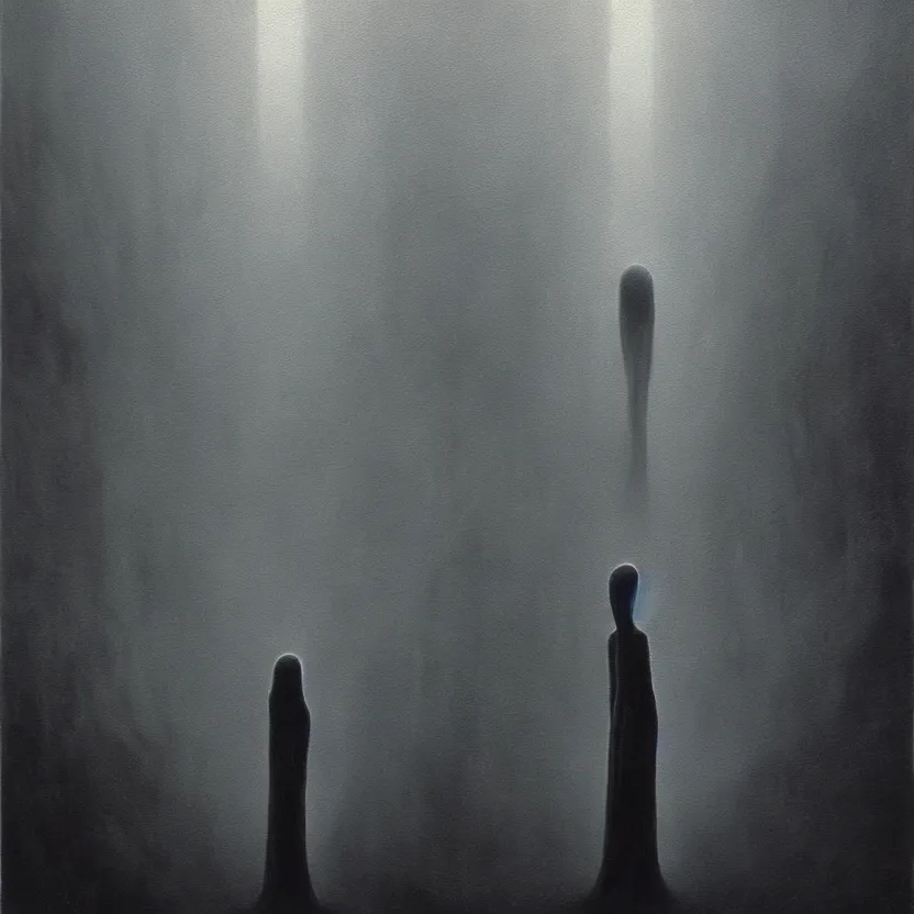 Prompt: tall alien grey art by Zdzislaw Beksinski detailed painting of a creepy eerie alien being with large black eyes and no mouth, intricate matte painting background, elegant horror artwork, many colors in eldritch nightmare, luxurious, ominous, 4k, cinematic, by Yoshitaka Amano, horizontally symmetrical, by Wayne Barlowe, trending on Artstation