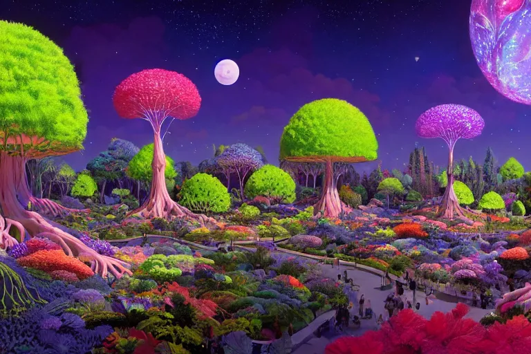 Image similar to a cosmic garden with glowing trees, flowers and plants by paolo eleuteri serpieri and tomer hanuka and chesley bonestell and daniel merriam and tomokazu matsuyama and makoto shinkai, clearly defined outlines, unreal engine, high resolution render, featured on artstation, octane, 8 k, highly intricate details, vivid colors