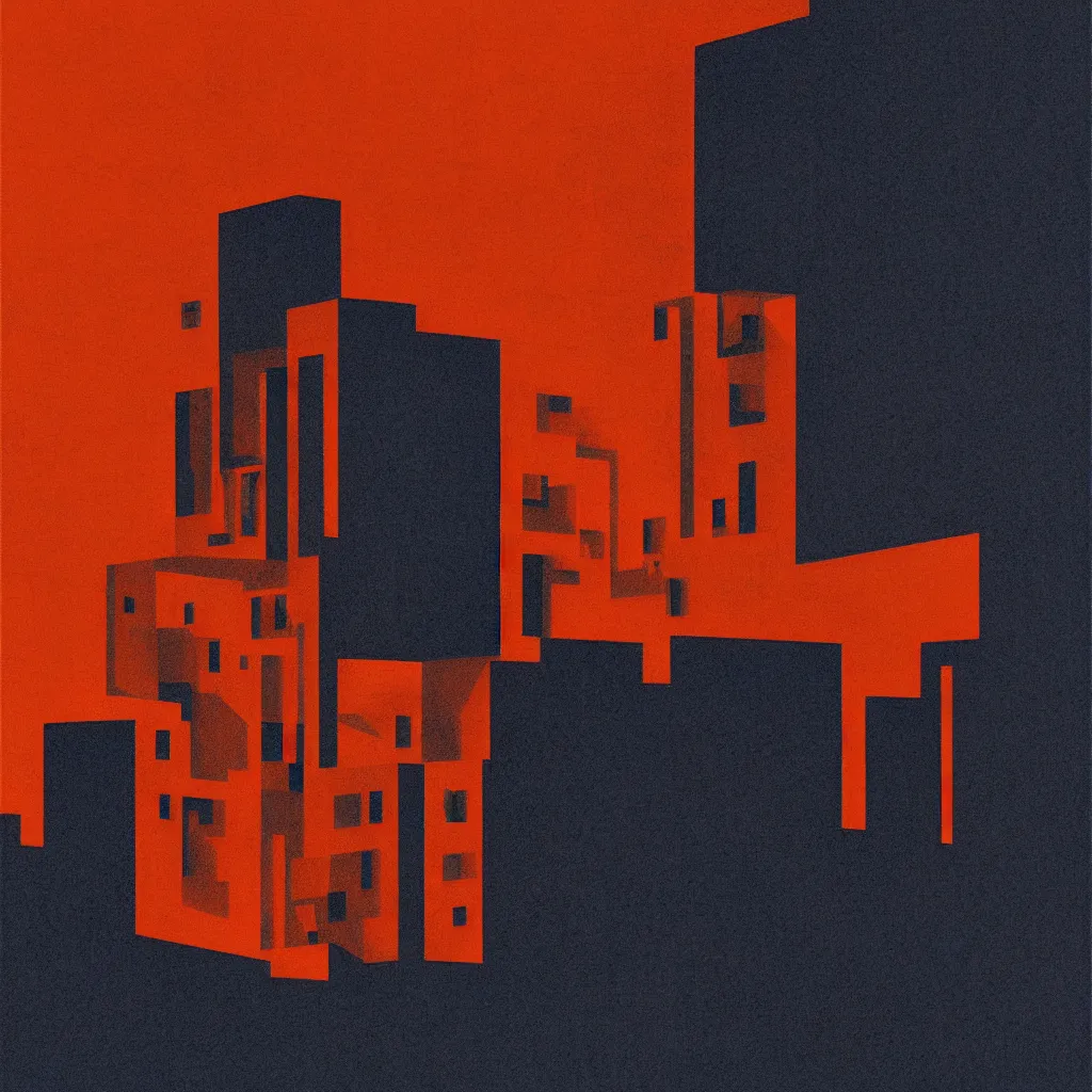 Prompt: authority by, mads berg, karolis strautniekas, film noir, stippled light, dramatic lighting, editorial illustration, detailed, fine texture, matte print, art deco, brutalism, dark blue + dark orange, red, black, ( ( habitat 6 7 background ) )