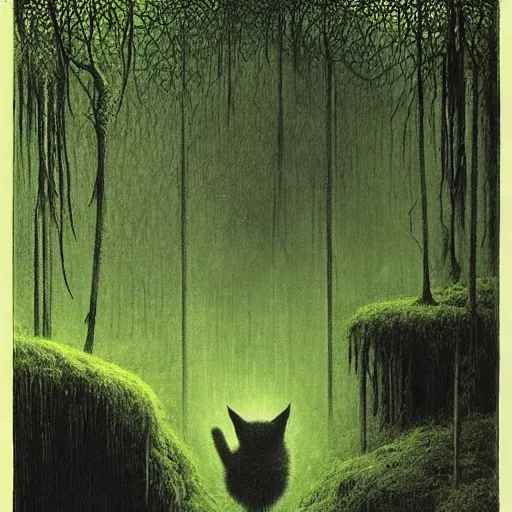 Prompt: An evil cat inside a rainforest, eerie, by Beksinski