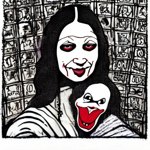 Prompt: grunge drawing of a happy mona lisa in the style of loony toons | horror themed | pennywise style