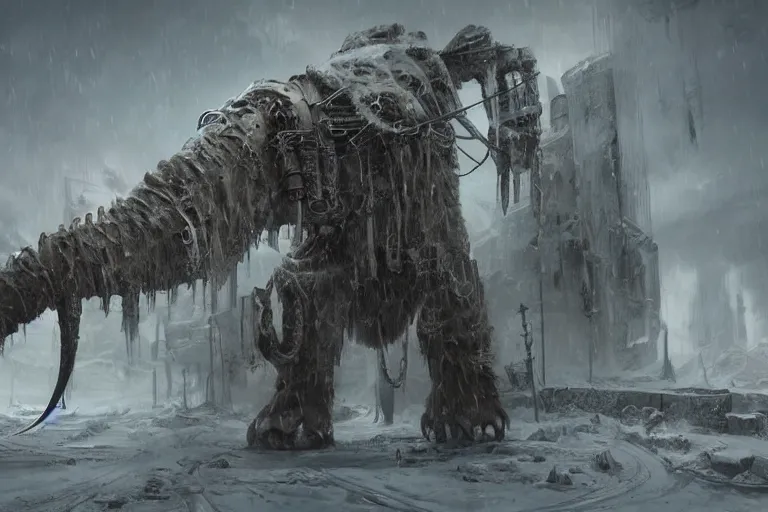 Image similar to a giant steampunk mammoth, post - apocalyptic ice landscape in snowstorm, concept art, artstation, highly detailed, digital art