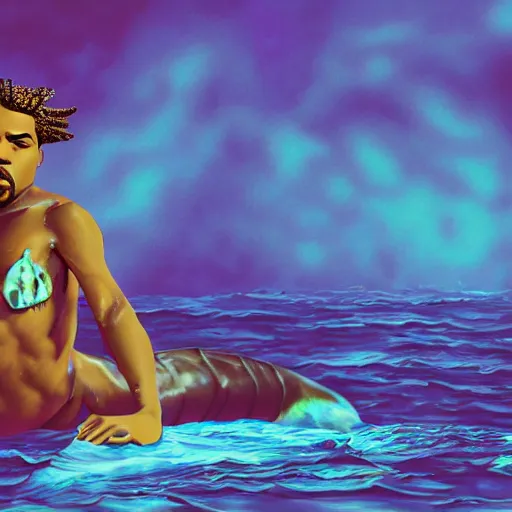 Image similar to Kanye West as a mermaid, looking in awe at delicious fish sticks, dynamic lighting, concept art, beautiful 4k