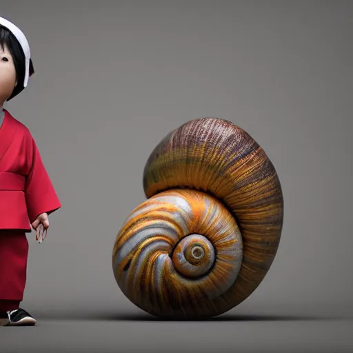 Image similar to a snail dressed up like a little Japanese boy, 8k Hyperreal, octane render