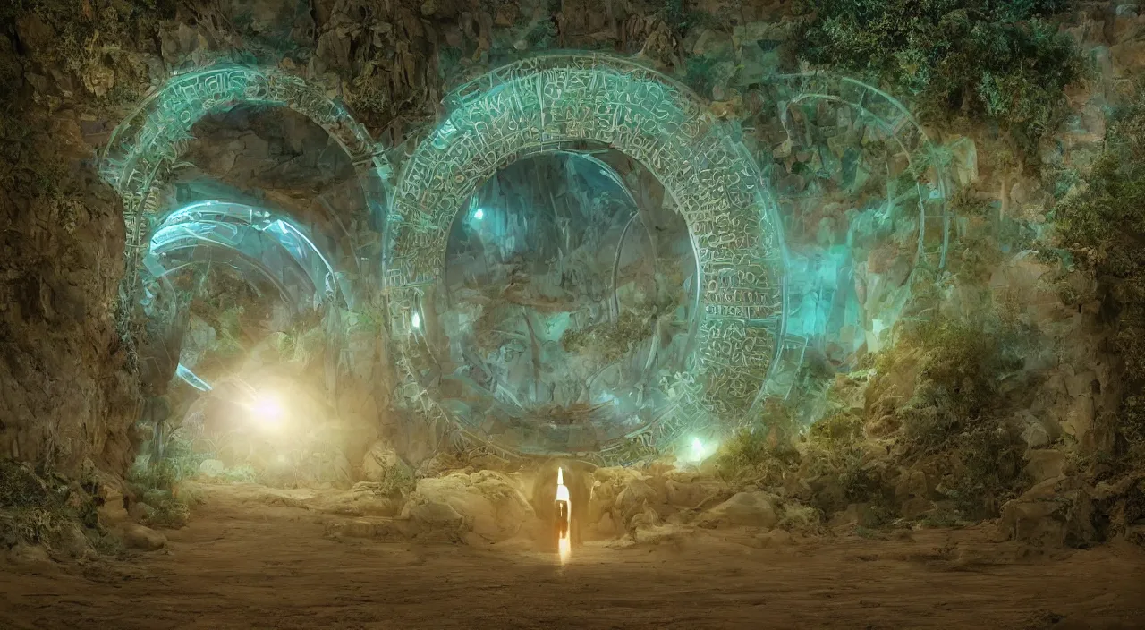 Prompt: a luminous circular stargate in the desert through which an ancient jungle is visible in the style of midjourney