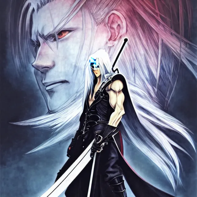 Prompt: Sephiroth illustrated by Akihiko Yoshida, concept art