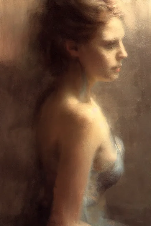 Image similar to detailed cinematic moody colors studio portrait of the memories of a sensual lady in bed, high quality by jeremy mann, only one head single portrait