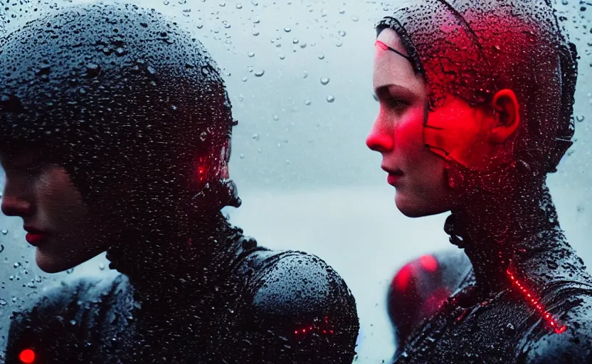 Image similar to cinestill 5 0 d candid photographic portrait by christopher nolan of two loving female androids wearing rugged black mesh techwear in treacherous waters, extreme closeup, modern cyberpunk moody emotional cinematic, pouring rain menacing red spotlight, 8 k, hd, high resolution, 3 5 mm, f / 3 2, ultra realistic faces, ex machina