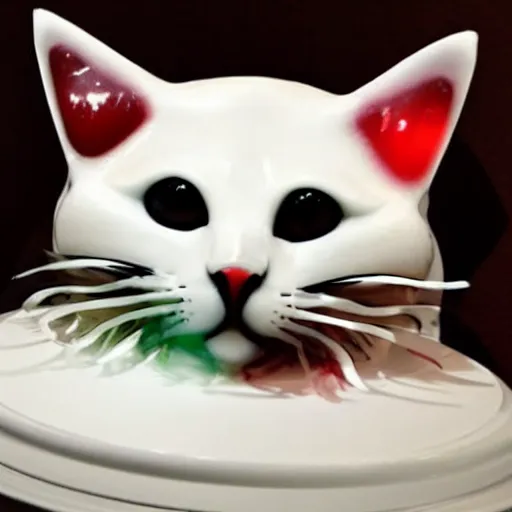 Prompt: a cat made entirely of jello, red glowing eyes
