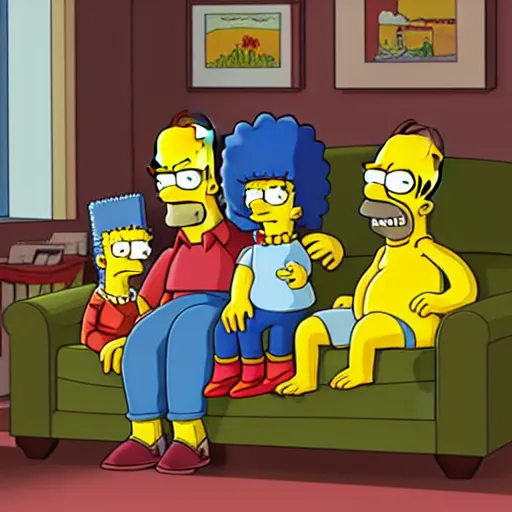 Prompt: Simpsons family sitting on the couch watching TV , Stanley artgerm lau, dynamic lighting, stunning visuals, creative, trending on art station -150