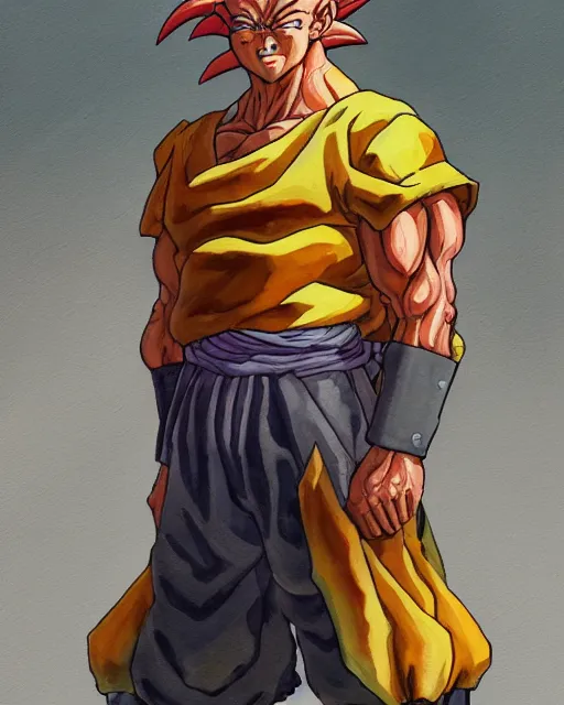 Image similar to a oil / watercolor painting full body character portrait of an old saiyan mercenary in the style of moebius in the style of leonard boyarsky trending on artstation deviantart pinterest detailed photorealistic highlights and shadow hd 8 k post - processing high resolution