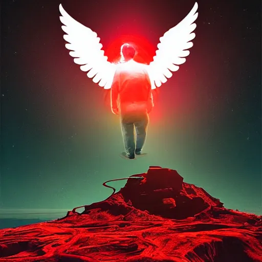 Image similar to landscape bitcoin satan with red skin and white angel wings by beeple digital art award winning nft 2 0 2 0 collection