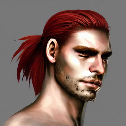 Image similar to portrait, 30 years old man :: red hair ponytail :: burned face, grimy :: high detail, digital art, RPG, concept art, illustration