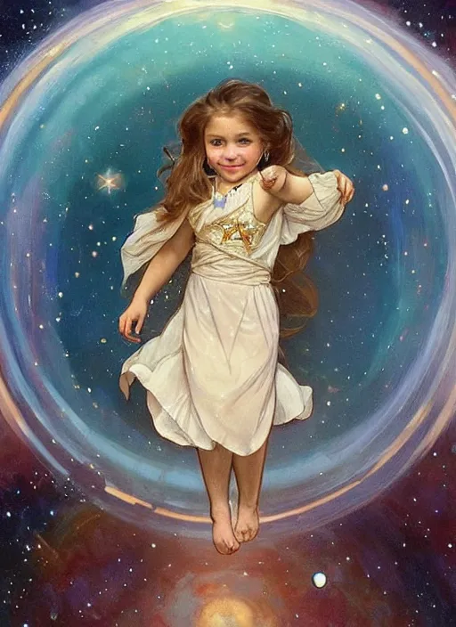 Image similar to a cute little girl with blue eyes, and short wavy light brown hair smiles as she floats in space with stars all around her. she is wearing a turquoise space themed dress. beautiful painting by artgerm and greg rutkowski and alphonse mucha