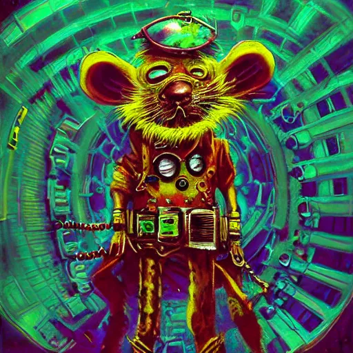 Image similar to steampunk rat, acid, 303, psychedelic, by paul lehr