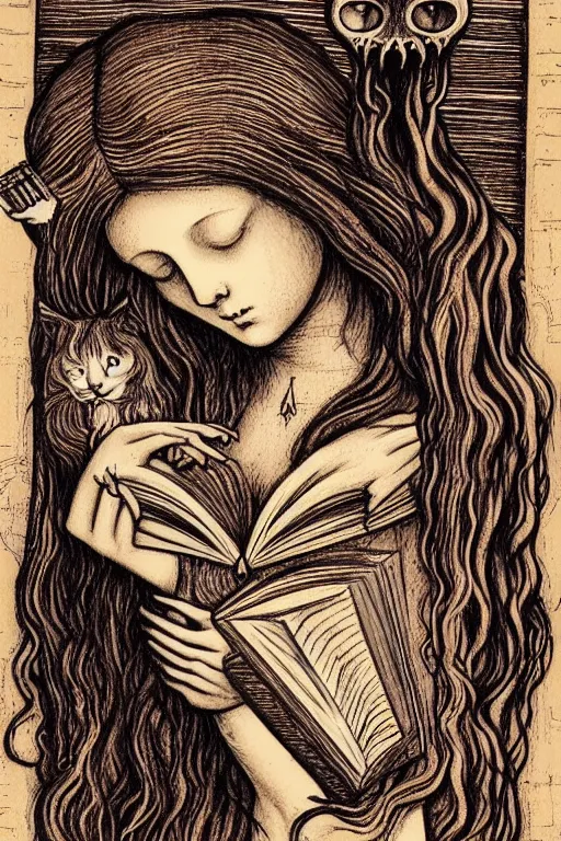 Image similar to da vinci illustration of romantic girl, her cat and her book of necronomicon, symmetrical, cinematic, sharp focus, 4 k, ultra hd, sense of awe, sinister demonic atmosphere, dreadful, forbidden knowledge, old gods, cthulhu, yog - sothoth! yah, yah, yah! cultist journal cover