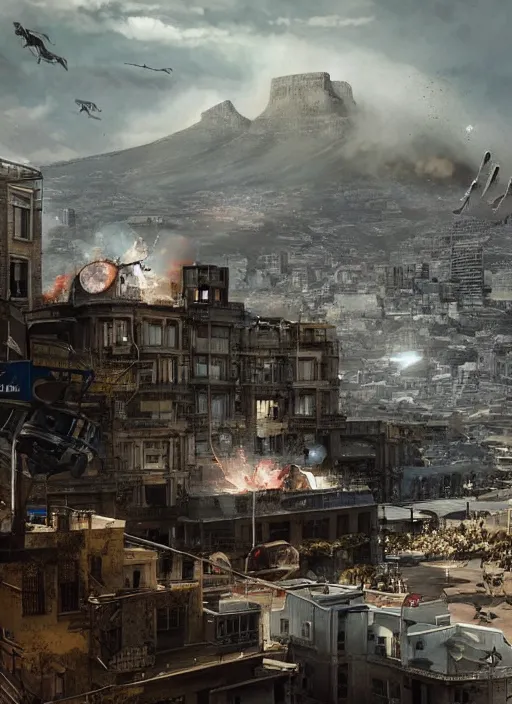 Image similar to hyper realistic squid robot attacking cape town city, table mountain explosions, atmospheric beautiful details, strong composition drawn in ink by kim jung giu weta studio rutkowski, james gurney and greg rutkowski, and lucasfilm