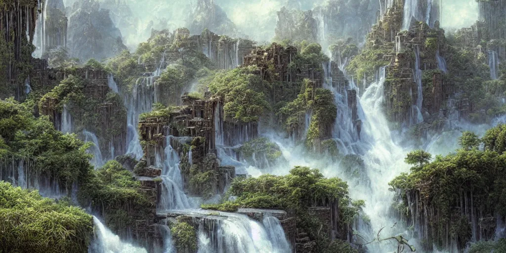 Prompt: Fantastical open landscape by Ted Nasmith, cascading waterfalls, ruined cities, digital painting, concept art, landscape