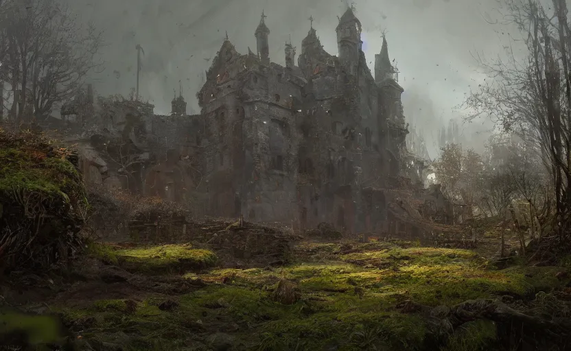 Prompt: painting of a medieval castle covered by vegetations and moss by greg rutkowski and Craig Mullins, Dark atmospheric sad and cinematic lighting, Trending on artstation