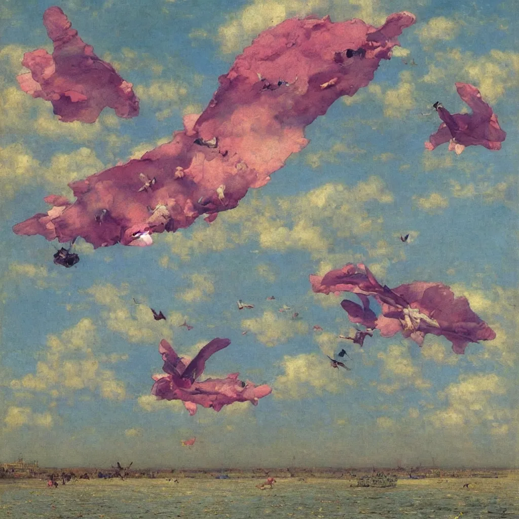 Prompt: two huge pink zepplins flying in the sky, 1905, highly detailed colourful oil on canvas, by Ilya Repin