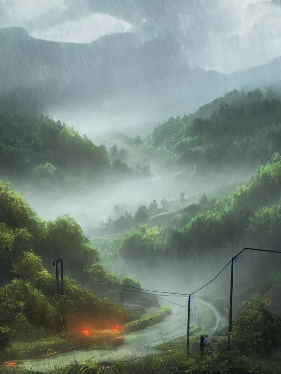 Prompt: photo of 8k ultra realistic beautiful valley, small town, hills, pylons, heavy rain, full of colour, cinematic lighting, battered, trending on artstation, 4k, hyperrealistic, focused, extreme details,unreal engine 5, cinematic, masterpiece, art by studio ghibli