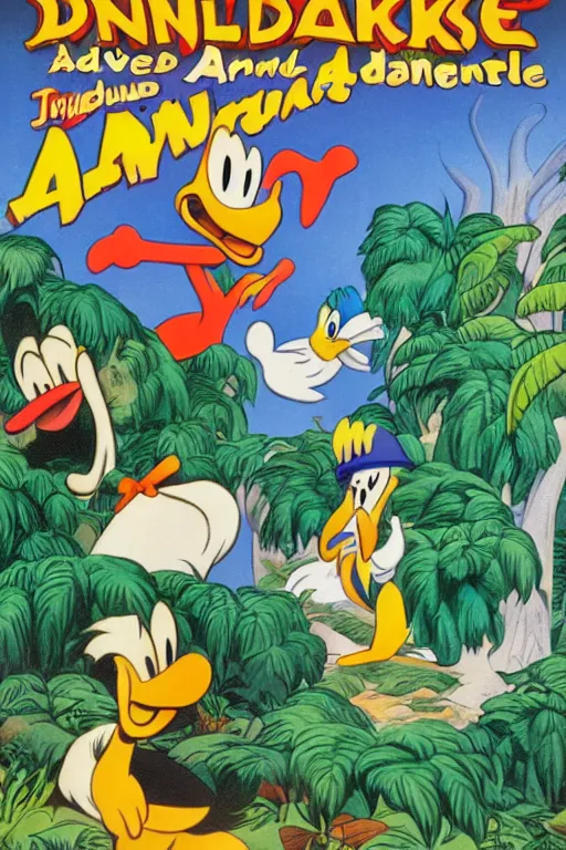 Prompt: donald ducks and friend adventure in the jungle by carl barks