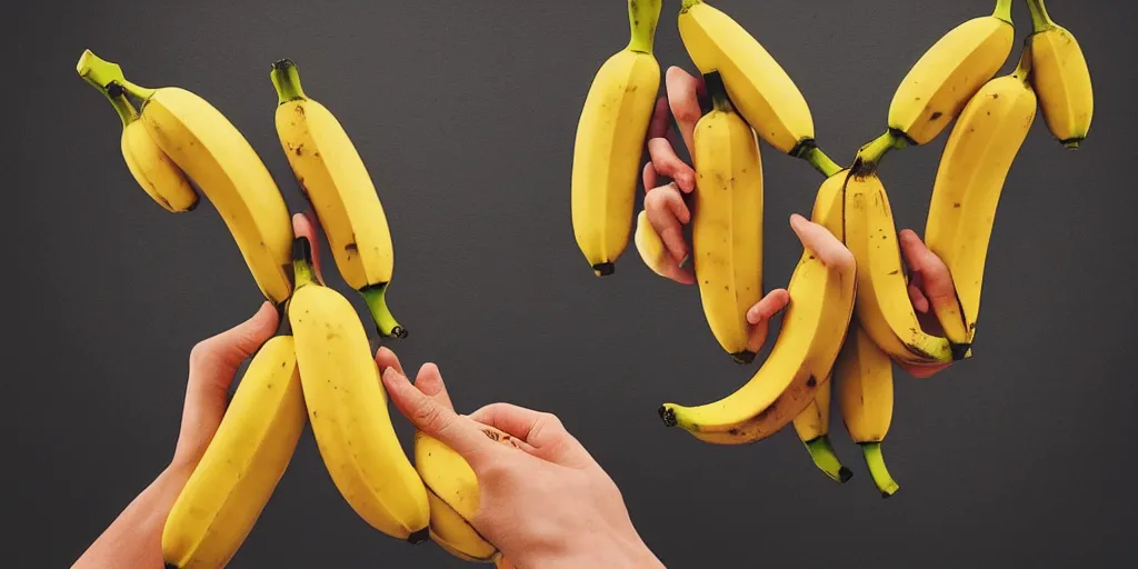 Image similar to two hands, each holding two bananas, each touching a banana on top, then touching a banana on bottom. each banana has a yellow light on top. the bananas are yellow, and there is a red light as the color of bananas, fantasy art, artstation, trending, ultra detailed, emotional