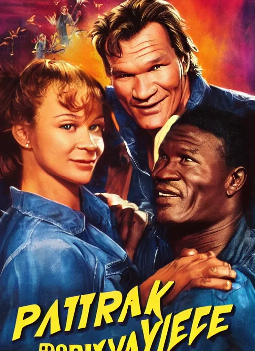 Image similar to Patrick Swayze, Ghanaian movie poster, romantic comedy, waterslide, Ninjas, highly detailed, HD, realism