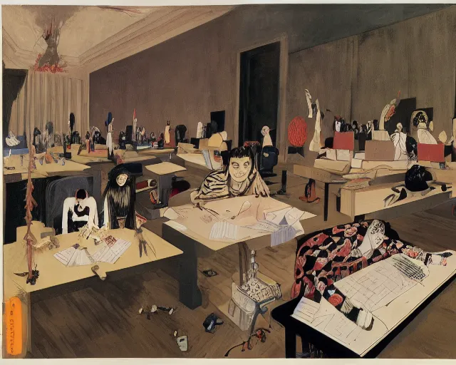 Image similar to the horror of beaurocracy, papers, horror, desks, office, waiting, stress, frustration, anger, crowded, harsh cinematic lighting, high qulity, 4 k, by charles addams and hilma af klint and affandi