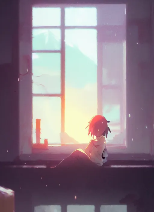 Image similar to interior, near the window, rainy outside, illustration concept art anime key visual trending pixiv fanbox by wlop and greg rutkowski and makoto shinkai and studio ghibli