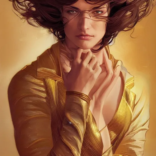 Image similar to Sandman with a gold suit, portrait, intricate, elegant, highly detailed, digital painting, artstation, concept art, smooth, sharp focus, illustration, art by artgerm and greg rutkowski and alphonse mucha