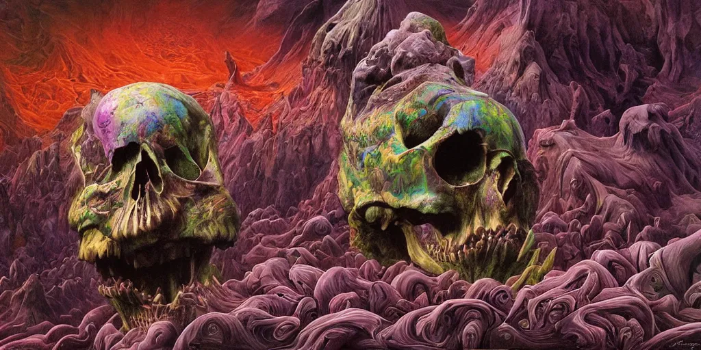 Image similar to ultrawide angle colour masterpiece surreal closeup portrait photography of mountain creature skull hybrid by annie leibovitz and michael cheval, incredible sense of depth and perspective and clarity, weird surreal epic psychedelic complex biomorphic 3 d fractal landscape in background by kilian eng and roger dean and giger and salvador dali and beksinski, 8 k